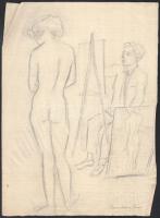 Mannheim Róza (1880-1965): Festő és aktmodell. Ceruza, papír, jelzett, lap széle kissé sérült, 32×23 cm