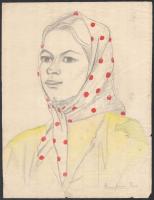 Mannheim Róza (1880-1965): Kendős lány. Ceruza, akvarell, papír, jelzett, lap széle sérült, 31×24 cm