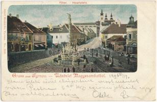 1906 Nagyszombat, Trnava; Fő tér, Szentháromság szobor, Tausky üzlete. Adolf Horowitz kiadása / main square, Trinity statue, shop