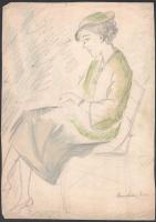 Mannheim Róza (1880-1965): Kalapos hölgy. Ceruza, akvarell, papír, jelzett, lap széle sérült, kissé foltos, 34×24 cm
