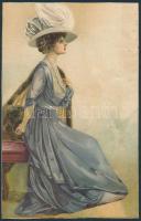 cca 1900-1910 Kalapos hölgy, színes litográfia, újságkivágás, kartonra ragasztva, 24,5x15,5 cm
