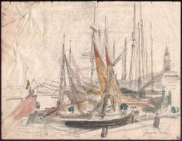 Greguss Imre (1856-1910): Kikötő. Ceruza, akvarell, papír, jelzett, sérült, 24×31,5 cm