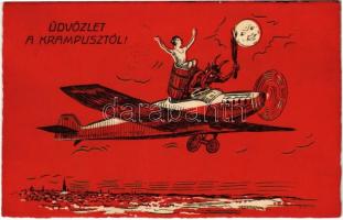 1934 Üdvözlet a Krampusztól! / Krampus with birch, airplane and lady. ERIKA (ázott sarkak / wet corners)