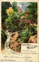 1899 (Vorläufer) Pernitz, waterfall, wooden bridge. Verlag v. Julius Schnell. Karl Stückers Kunstanstalt. litho
