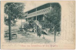 1901 Trechtingshausen, Gruss vom Schweizerhaus bei Burg Theinstein / hotel, inn. Stengel Emb. (EK)