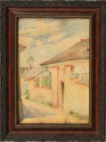 Szabó József (?-?): Kisvárosi utca, 1942. Akvarell, papír, jelzés nélkül. Üvegezett fakeretben. 23×16,5 cm.