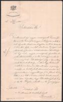 1897 Ráth Károly (1821-1897) Budapest főpolgármesterének (1873-1897) levele Zombath Pál máv hivatalnok részére, örökbefogadási ügyben, fejléces papíron, saját kezű autográf aláírásával, valamint az örökbefogadási ügy egyéb papírjával (1896-1897.)