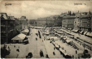 1907 Zagreb, Zágráb, Agram; Jelacicev trg / square, market, tram, shops (EK)