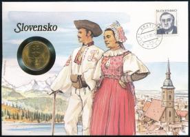 Szlovákia 1993. 10K Cu-Al-Ni felbélyegzett borítékban, bélyegzéssel, német nyelvű leírással T:1 Slovakia 1993. 10 Korun Cu-Al-Ni in envelope with stamp, cancellation and a prospectus in german C:UNC