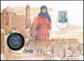 Szíria 1991. 1P felbélyegzett borítékban, bélyegzéssel, német nyelvű leírással T:I  Syria 1991. 1 Pound in envelope with stamp and cancellation, with German language description C:UNC