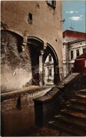 Nagyszeben, Hermannstadt, Sibiu; Pempflingergasse, Rathaus, Evang. Knabenvolksschule / Pempflinger utca, Városháza, Evangélikus fiúiskola / street view, town hall, Lutheran school (EK)