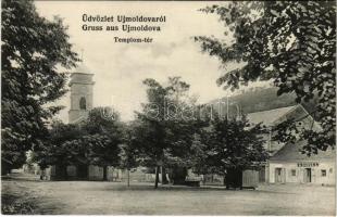 Újmoldova, Neumoldowa, Bosneag, Moldova Noua; Templom tér, M. Bauer K. üzlete. Petrovits Sándor kiadása. Kühn Mihály fényképész / street view, church, shop