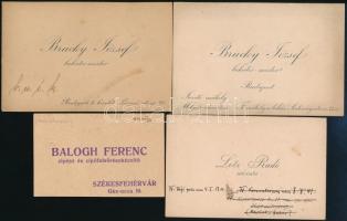 cca 1900-1930 Vegyes névjegykártya tétel, 4 db, Bp., Brucky József lakatos mester 2 db, Lotz Radó uri-szabó, Székesfehérvár, Balogh Ferenc cipész.