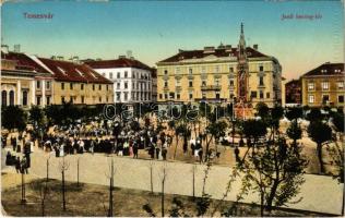 Temesvár, Timisoara; Jenő herceg tér, zenekar, Turul cipőgyár részv. társ. főraktára, Temesi Agrár Takarékpénztár, üzletek / music band on the square, savings bank, shops (EK)