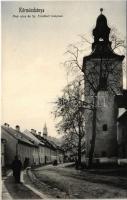 Körmöcbánya, Kremnitz, Kremnica; Alsó utca és Szent Erzsébet templom. Ritter Lipót J. kiadása / street view with church