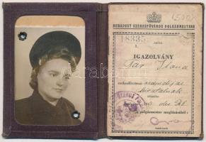 1943-46 fényképes személyazonossági igazolvány, Bp. Székesfőváros, 50 fillér és 20 fillér illetékbélyegekkel, első lapja kissé sérült