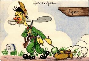 1941 Kéjutazás Egerbe. Második világháborús saját kézzel rajzolt katonai humoros lap. Barcza J. kiadása / WWII Hungarian hand-drawn military art postcard, artist signed