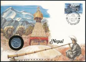 Nepál 1975. 5p, felbélyegzett borítékban, bélyegzéssel, német nyelvű leírással T:2 Nepal 1975. 5 Paisa in envelope with stamp and cancellation, with German description C:XF