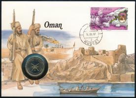 Omán 1987. 50b érmés borítékban, bélyeggel és bélyegzéssel, német nyelvű ismertetővel T:1 Oman 1987 50 Baisa in coin envelope, with stamp and cancellation, with German description C:UNC