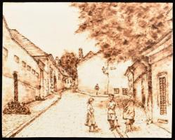 Olvashatatlan jelzéssel a hátoldalán: Tabán. Pirográfia, rétegelt falemez, 20x25 cm