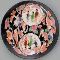 Japán porcelán tálka, részben kézzel festett, jelzett, kopásnyomokkal, d: 14 cm