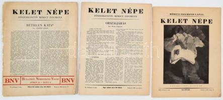 1940-1942 Kelet népe c. folyóirat 3 db száma, VI. évf. 6., 15. sz., VIII. évf. 9. sz., szerk.: Móricz Zsigmond. Vegyes állapotban.