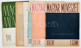1948-1949 Magyar Művészet c. folyóirat 4 db száma, XV. évf. 1., 5., 6. sz., XVI. évf. 2. sz., kiadja a Szinyei Merse Pál Társaság. Vegyes állapotban, közte egy szétvált fűzéssel, egy lejáró címlappal.