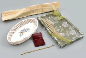 Kis gyertya készlet, eredeti csomagolásában, virágos kis kerámia tálkával, bizsu karkötővel + egyiptomi sérült papirusz kép