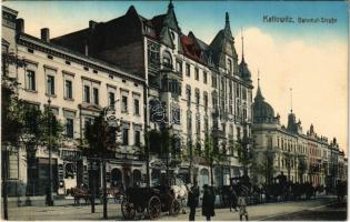 Katowice, Kattowitz; Bahnhof-Straße / Railway Street, shops, horse-drawn carriages