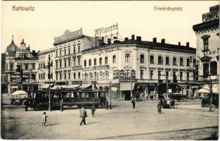 Katowice, Kattowitz; Friedrichsplatz / square, shops of Carl Schwerin, Otto Rasner, A. Wagner, tram, market (EK)