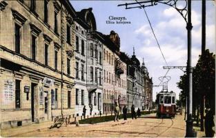 Cieszyn, Teschen; Ulica kolejowa / Railway Street, tram, shop