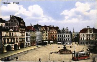 Cieszyn, Teschen; Rynek / square, tram, pharmacy