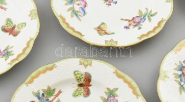 Herendi Viktória mintás 6db süteményes tányér, kézzel festett porcelán, jelzett, kopásnyomokkal, 3 d...