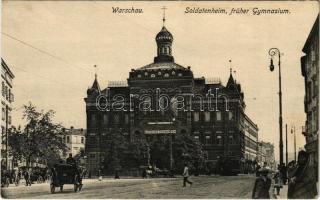 Warszawa, Varsovie, Warschau, Warsaw; Deutsches Soldatenheim, früher Gymnasium / street view, German soldiers&#039; rest center (former school), tram