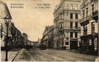 Warszawa, Varsovie, Warschau, Warsaw; Neue Weltstr. / Ul. Nowy Swiat / street view, tram, shop of A. Bogdanski