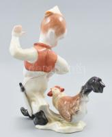 Herendi fiú kakassal, Kézzel festett. jelzett, hibátlan. 13 cm