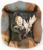 Vertel Andrea (1953- ): Pierot, mázas, samottos, fali kerámia, jelzett, hibátlan, 38x33 cm