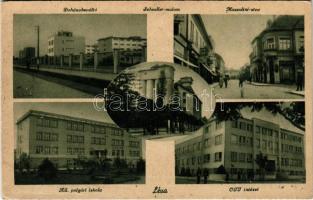 Léva, Levice; Dohánybeváltó, Schoeller (Schöller) malom, Mussolini utca, Állami polgári iskola, OTI intézet, kórház / tobacco deposit, mill, street view, school, hospital (EK)