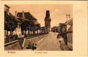 Medgyes, Mediasch, Medias; Farkas utcai részlet, torony. Wendler Ferenc kiadása / street view, tower