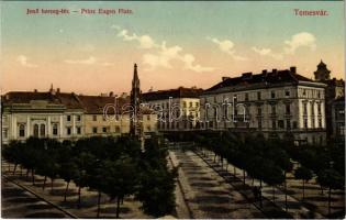 Temesvár, Timisoara; Jenő herceg tér, emlékmű, üzlet / Prinz Eugen Platz / square, monument, shop