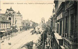 Debrecen, Kossuth utca, balról a Kölcsönsegélyző palotája, villamos, szőnyegház, üzletek. W.L. Bp. 5963. Mihály Sámuel kiadása