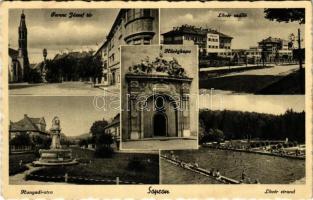 Sopron, Ferenc József tér, Lővér szálló és strand, fürdőzők, Hűségkapu, Hunyadi utca (EK)