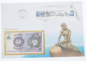 Dánia 2001. 50K felbélyegzett borítékban, bélyegzéssel T:I Denmark 2001. 50 Kronen in envelope with stamp and cancellation C:UNC