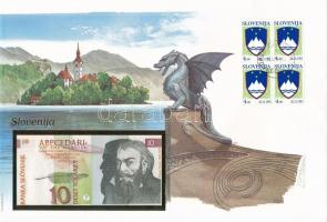 Szlovénia 1992. 10T borítékban, alkalmi bélyeggel és bélyegzéssel T:I Slovenia 1992. 10 Tolarjev in envelope with stamps and cancellations C:UNC