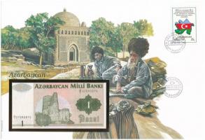 Azerbajdzsán 1992. 1M felbélyegzett borítékban, bélyegzéssel T:I Azerbaijan 1992. 1 Manat in envelope with stamp and cancellation C:UNC