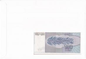 Jugoszlávia 1992. 100D felbélyegzett borítékban, bélyegzéssel T:I Yugoslavia 1992. 100 Dinara in env...