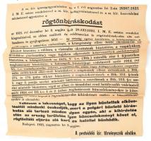 1923 Rögtönbíráskodás bevezetéséről szóló rendelet plakátja, Sérült. 40x40 cm