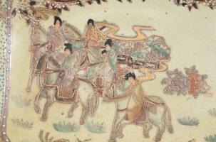 Terebess kínai mintás porcelán tál. Kézzel festett, jelzett, hibátlan. 32x24 cm