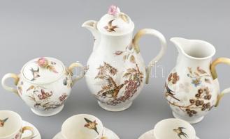 Régi szecessziós, madaras, 8 személyes, teáskészlet, matricás porcelán, jelzés nélkül, kopásokkal, m...