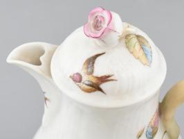 Régi szecessziós, madaras, 8 személyes, teáskészlet, matricás porcelán, jelzés nélkül, kopásokkal, m...